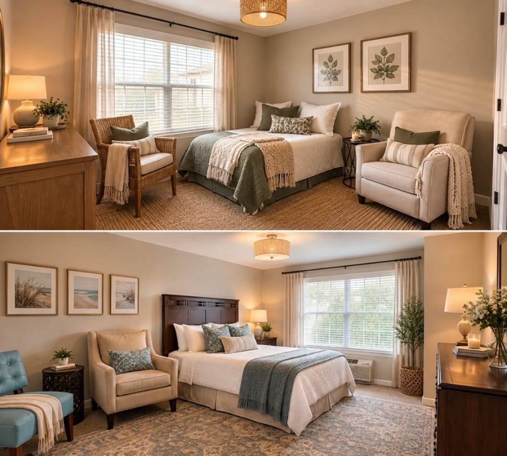 Two cozy, neutral-toned staged bedrooms with beds, armchairs, framed art, woven rugs, and soft natural light