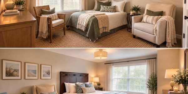 Two cozy, neutral-toned staged bedrooms with beds, armchairs, framed art, woven rugs, and soft natural light