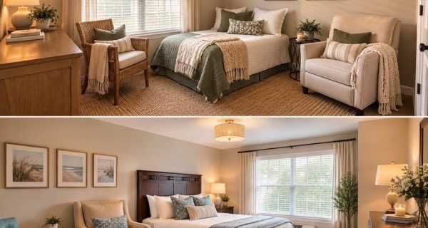 Two cozy, neutral-toned staged bedrooms with beds, armchairs, framed art, woven rugs, and soft natural light