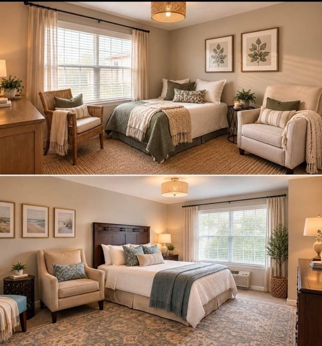 Two cozy, neutral-toned staged bedrooms with beds, armchairs, framed art, woven rugs, and soft natural light
